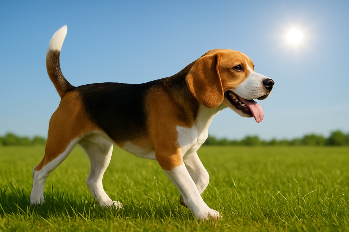 A happy beagle trotting across a sunny green field under a blue sky